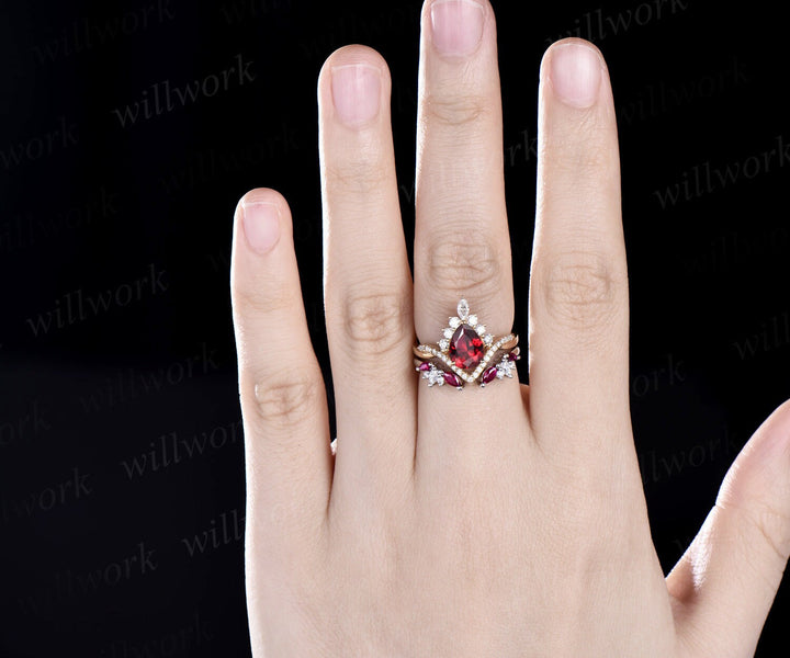 Vintage pear cut red ruby engagement ring 14k yellow gold twisted halo diamond ring jewelry unique promise wedding ring set women gift