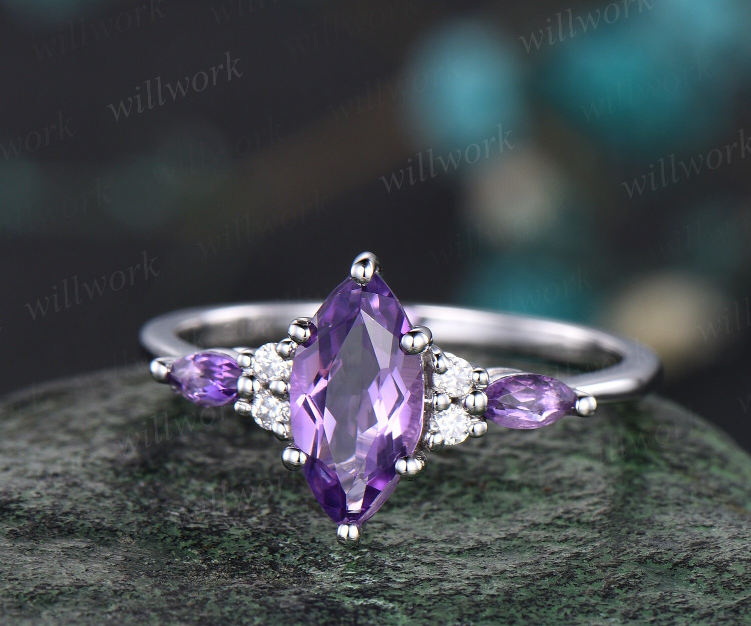 Moissanite Wedding Ring Marquise Amethyst Engagement Ring Vintage Moissanite Ring Unique Moissanite Ring Women Promise Ring popular Anniversary Gift