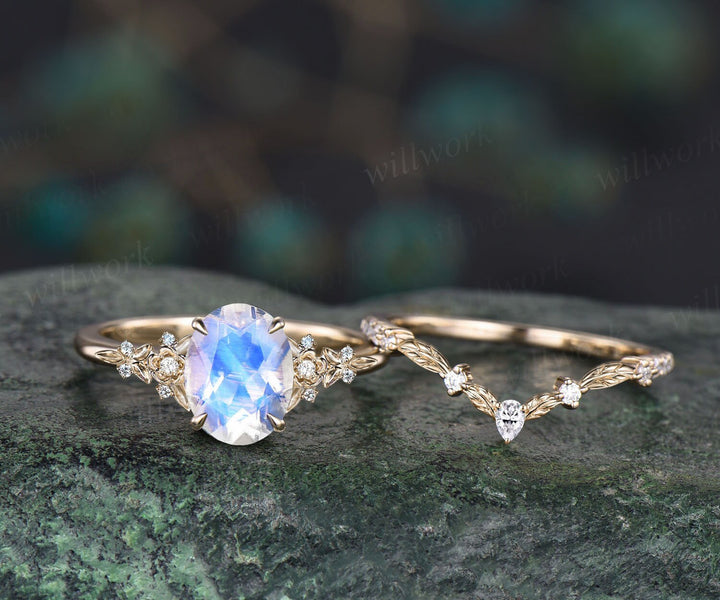 Vintage oval cut moonstone engagement ring solid 14k rose gold leaf floral nature inspired diamond ring women jewelry bridal set