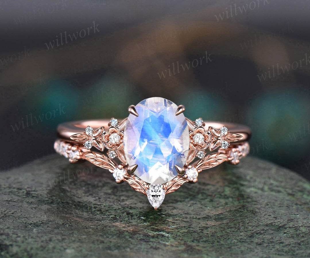 Vintage oval cut moonstone engagement ring solid 14k rose gold