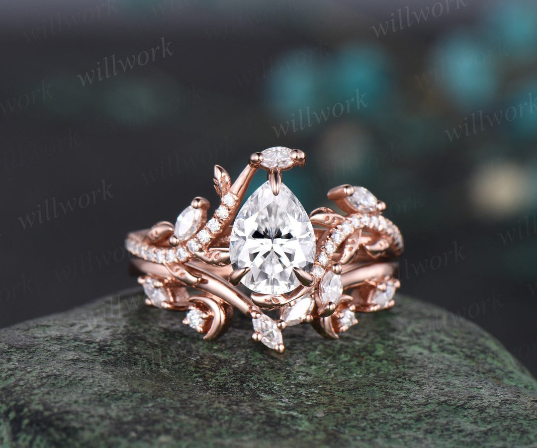 Vintage pear cut moissanite engagement ring set solid 14k rose gold leaf half eternity diamond promise wedding ring set women gift