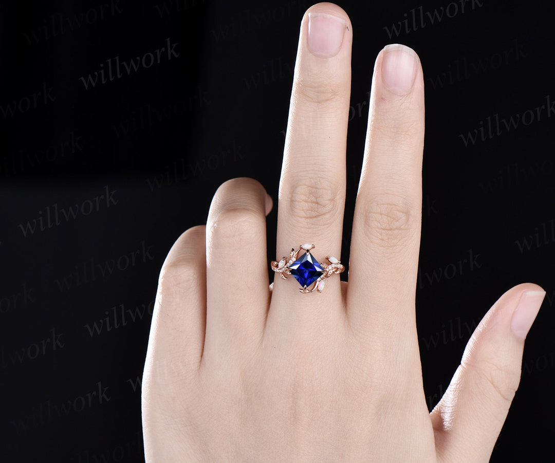 Vintage princess cut blue sapphire engagement ring solid 14k yellow gold leaf half eternity diamond opal wedding anniversary ring women gift