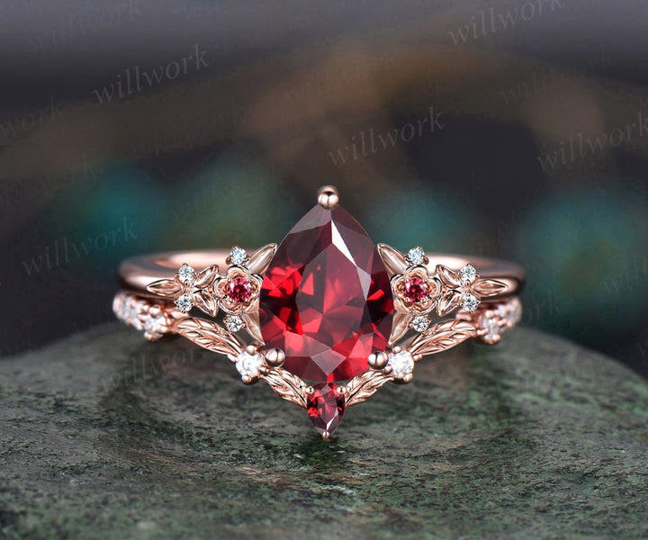 Vintage pear red ruby engagement ring solid 14k rose gold twig leaf floral antique unique cluster diamond bridal wedding ring set women gift