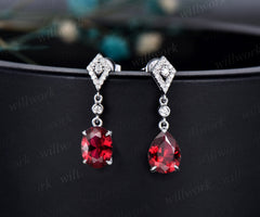 Vintage pear oval cut red ruby earrings women solid 14k white gold dainty kite halo diamond drop earrings gemstone anniversary gift for her