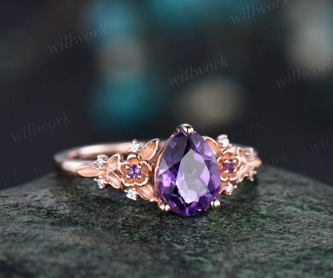 Vintage pear purple amethyst engagement ring rose gold twig leaf floral antique unique cluster diamond bridal wedding ring set women gift