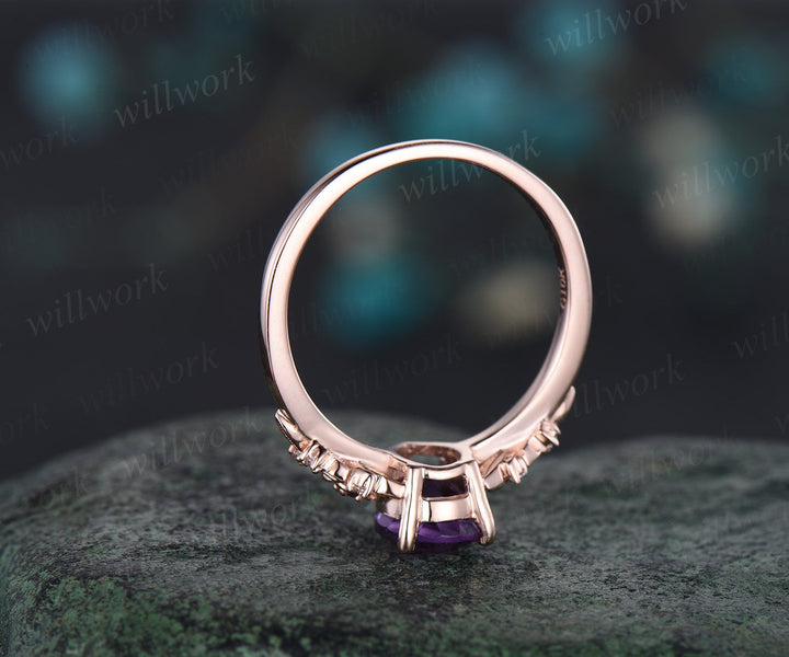 Vintage pear purple amethyst engagement ring rose gold twig leaf floral antique unique cluster diamond bridal wedding ring set women gift