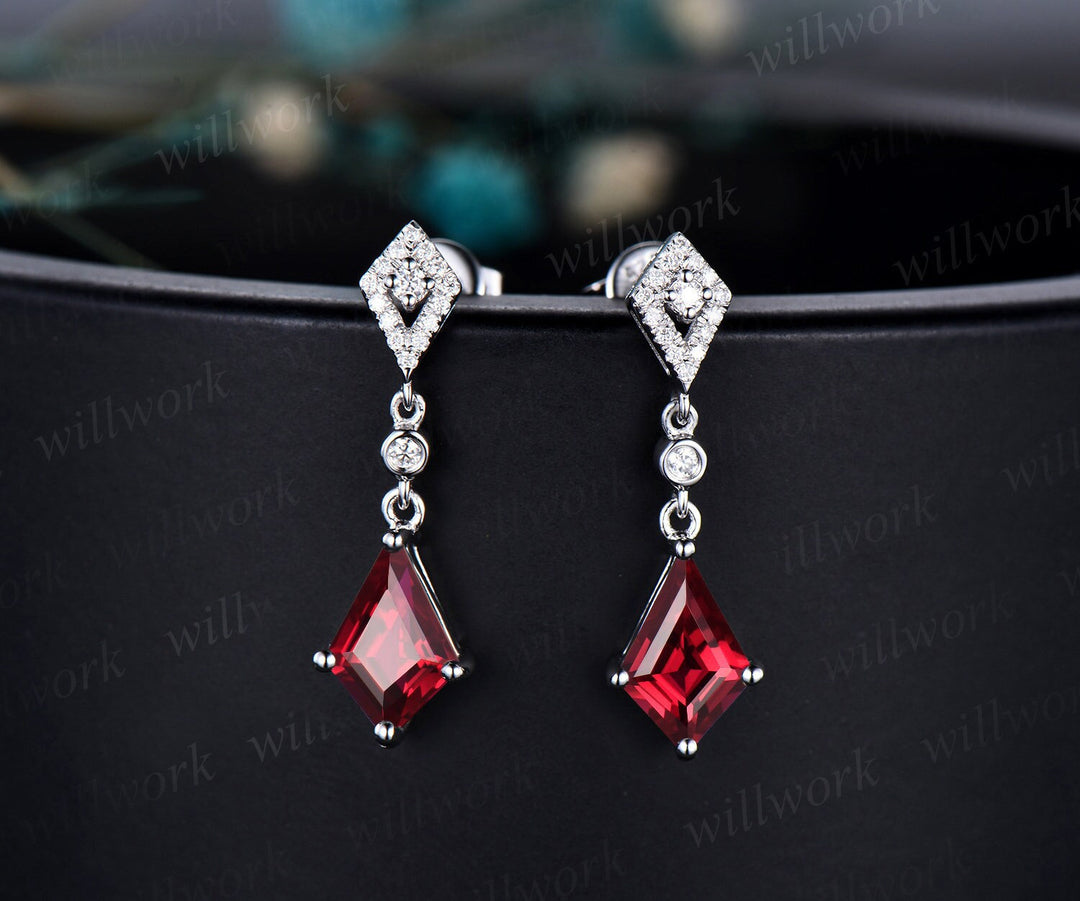 Vintage kite cut red ruby earrings solid 14k white gold halo diamond drop earrings women July birthstone dainty anniversary gift for her