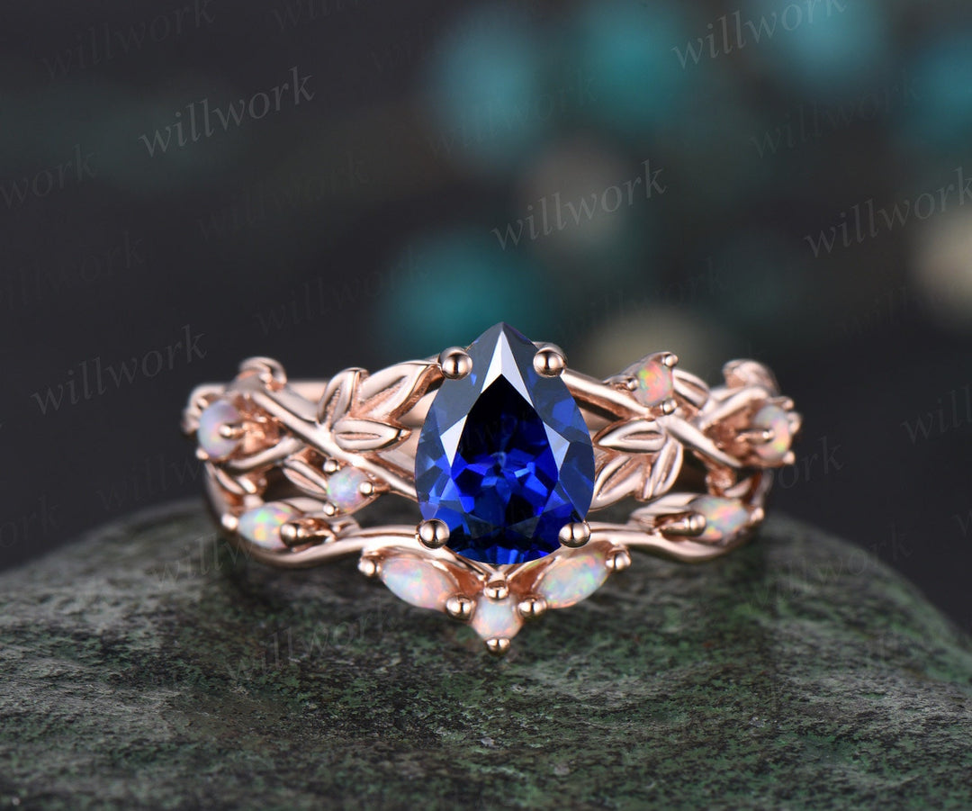 Pear shaped blue sapphire ring vintage five stone opal ring rose gold leaf nature inspired engagement ring twisted wedding ring set women