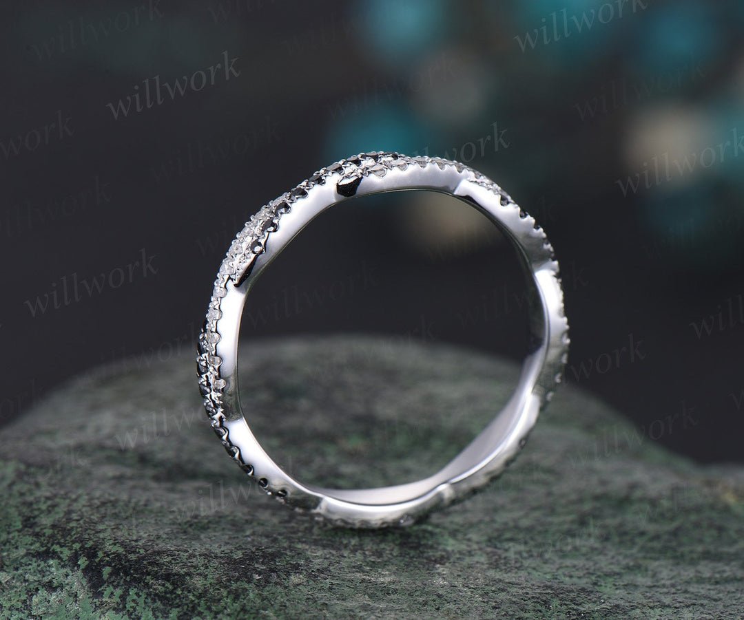 Infinity black diamond wedding band white gold full eternity twisted wedding ring band women delicate micro pave anniversary bridal ring
