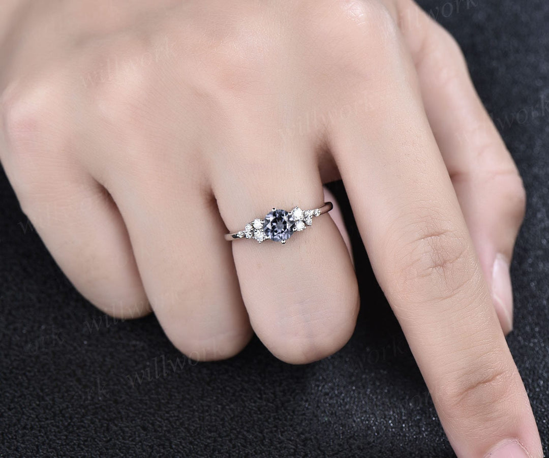 Dainty round cut gray spinel ring rose gold unique snowdrift engagement ring cluster diamond bridal anniversary ring women gift jewelry