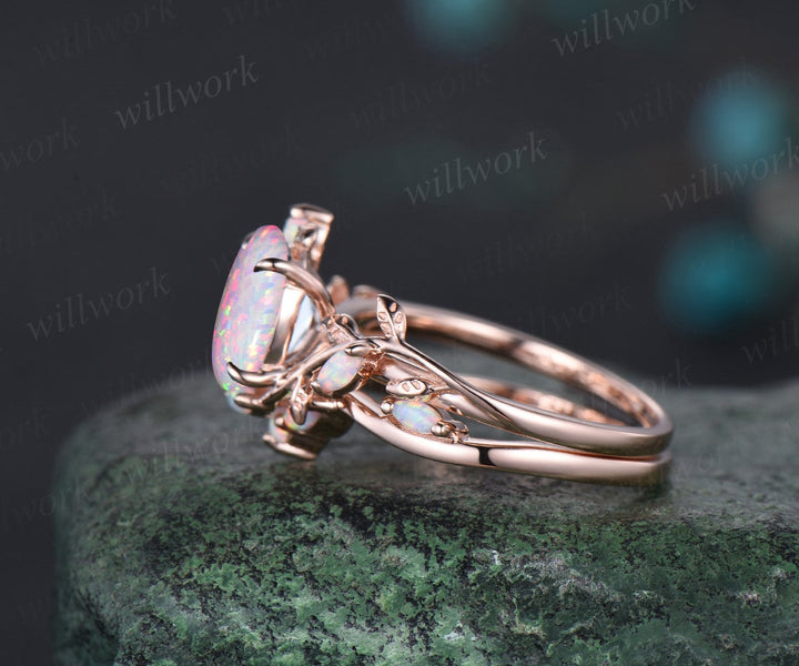Oval white opal ring vintage rose gold five stone leaf unique nature inspired engagement ring women antique anniversary ring set gift