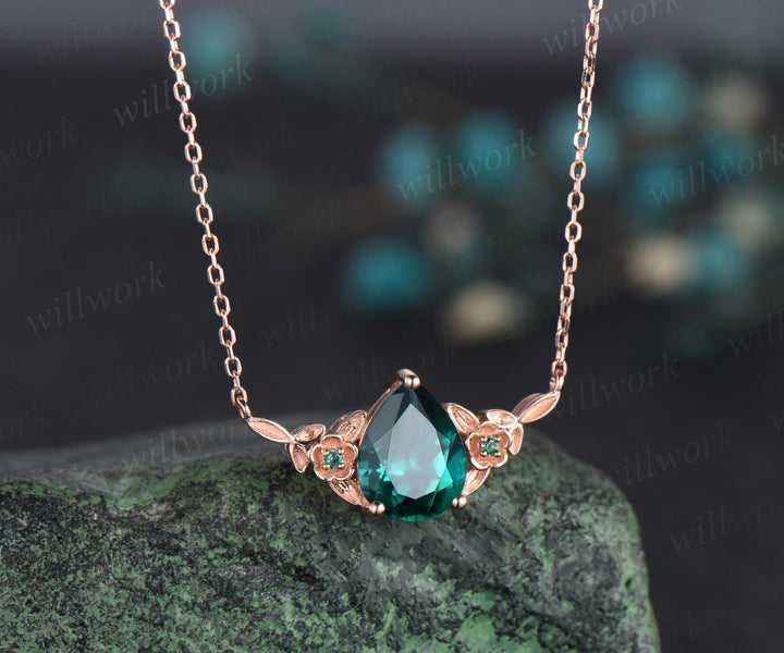 Pear shaped green emerald necklace solid 14k 18k rose gold three stone leaf floral nature inspired pendant women anniversary gift mother