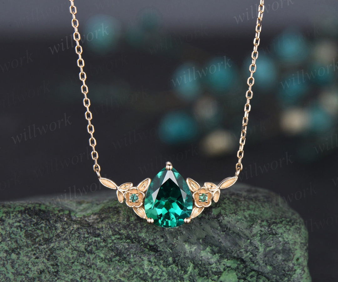 Pear shaped green emerald necklace solid 14k 18k rose gold three stone leaf floral nature inspired pendant women anniversary gift mother
