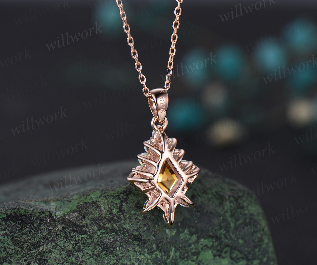 Kite cut yellow citrine necklace solid 14k 18k rose gold vintage unique halo opal diamond pendant women her anniversary bridal gift mother