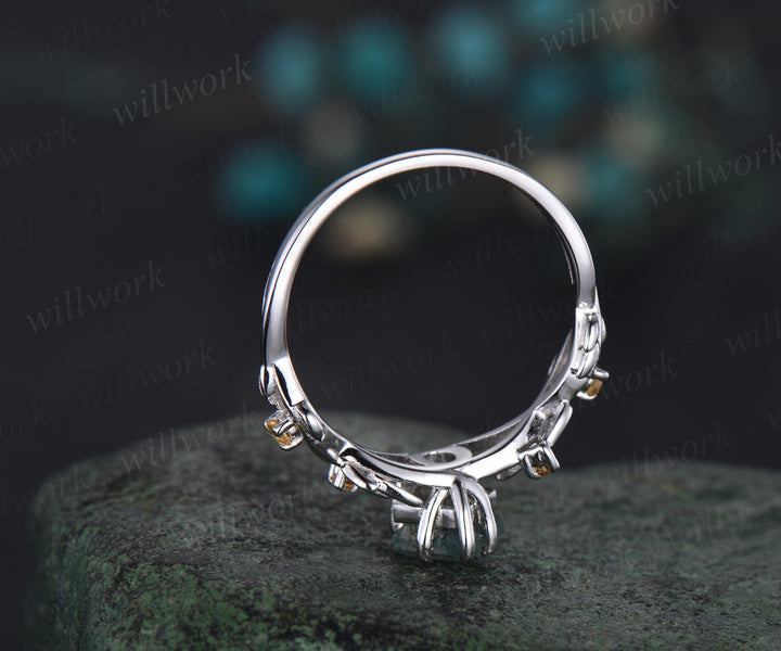 Vintage kite cut white opal engagement ring solid 14k white gold five stone leaf Nature inspired Crystal citrine anniversary ring women gift