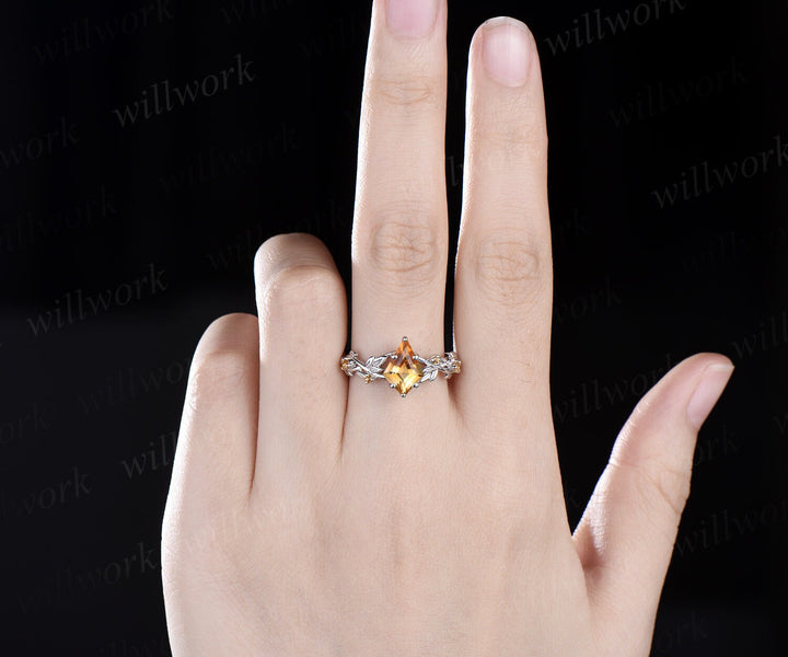 Vintage kite cut yellow citrine engagement ring white gold five stone leaf Nature inspired Crystal gemstone anniversary ring women gift