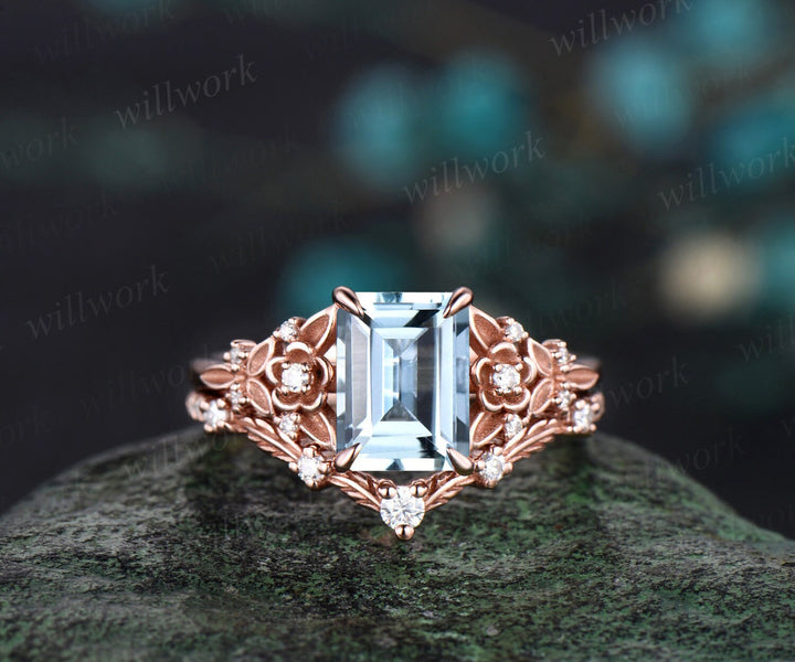 Vintage emerald cut aquamarine engagement ring rose gold leaf flower nature inspired unique cluster diamond bridal wedding ring set women