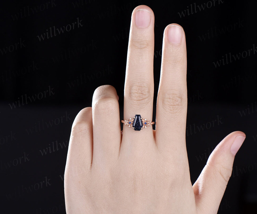 Vintage coffin cut blue sandstone engagement ring rose gold leaf floral unique cluster sapphire diamond promise wedding ring set women gift