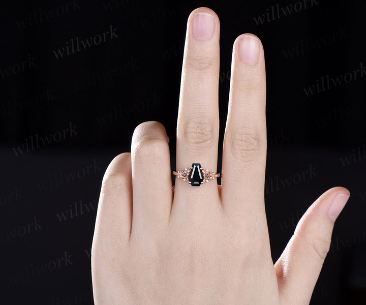 Vintage coffin cut black onyx engagement ring rose gold twig leaf floral ring unique cluster diamond anniversary wedding ring set women gift