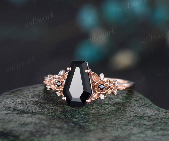 Vintage coffin cut black onyx engagement ring rose gold twig leaf floral ring unique cluster diamond anniversary wedding ring set women gift