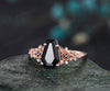 Vintage coffin cut black onyx engagement ring rose gold twig leaf floral ring unique cluster diamond anniversary wedding ring set women gift