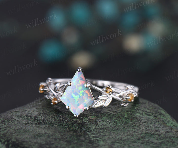 Vintage kite cut white opal engagement ring solid 14k white gold five stone leaf Nature inspired Crystal citrine anniversary ring women gift