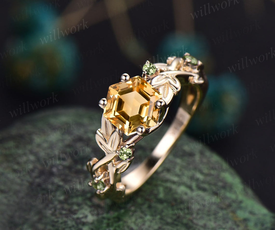 Vintage hexagon cut citrine engagement ring solid 14k yellow gold branch leaf opal ring November birthstone wedding anniversary ring gift