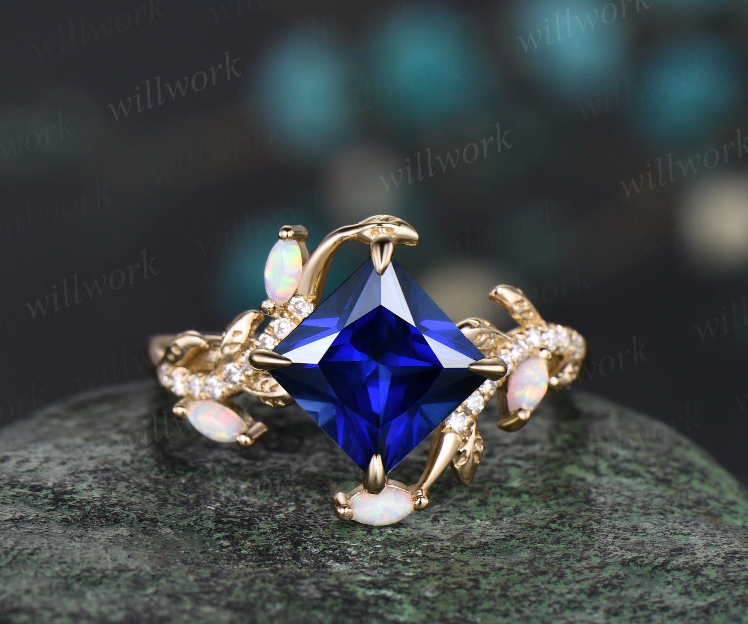 Princess cut diamond vintage engagement deals ring with blue sapphire accents