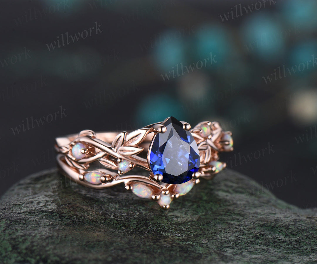Pear shaped blue sapphire ring vintage five stone opal ring rose gold leaf nature inspired engagement ring twisted wedding ring set women
