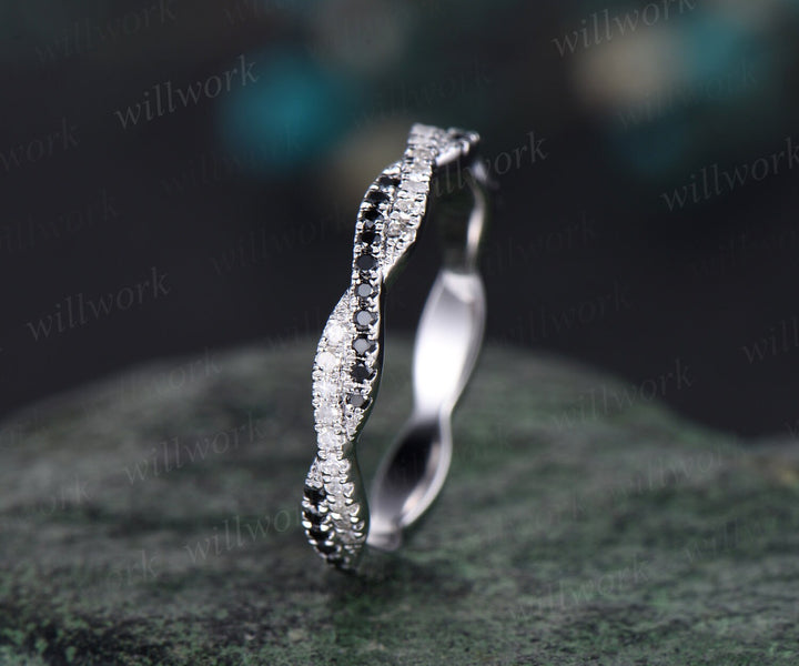 Infinity black diamond wedding band white gold full eternity twisted wedding ring band women delicate micro pave anniversary bridal ring
