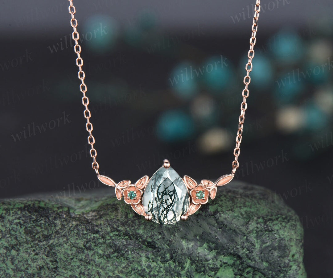 Pear shaped green moss agate necklace solid 14k rose gold three stone nature inspired leaf floral emerald necklace anniversary gift women