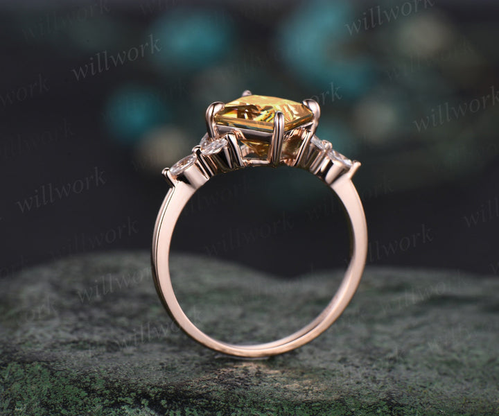 Princess cut yellow citrine engagement ring set solid 14k rose gold cluster marquise cut diamond Crystal wedding bridal ring set gift women