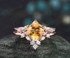 Princess cut yellow citrine engagement ring set solid 14k rose gold cluster marquise cut diamond Crystal wedding bridal ring set gift women