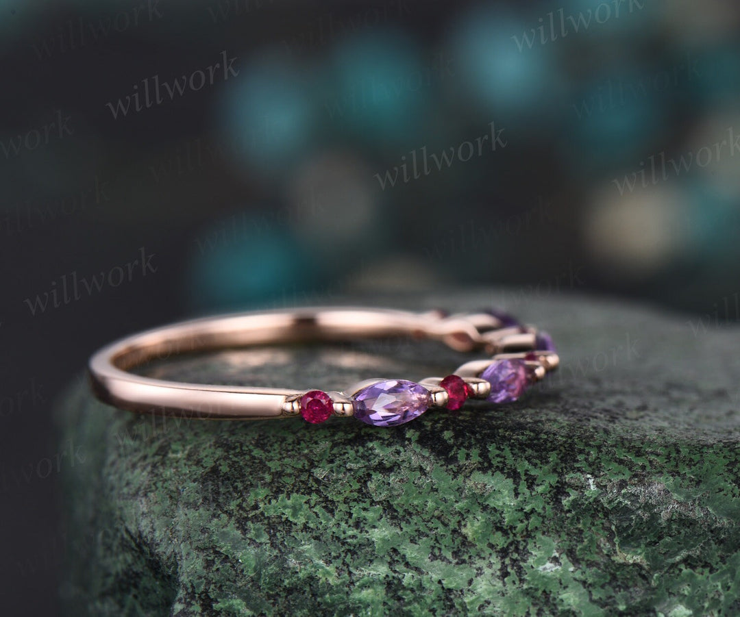 Natural red ruby Marquise cut amethyst wedding band solid 14k rose gold dainty stacking matching anniversary ring women gift