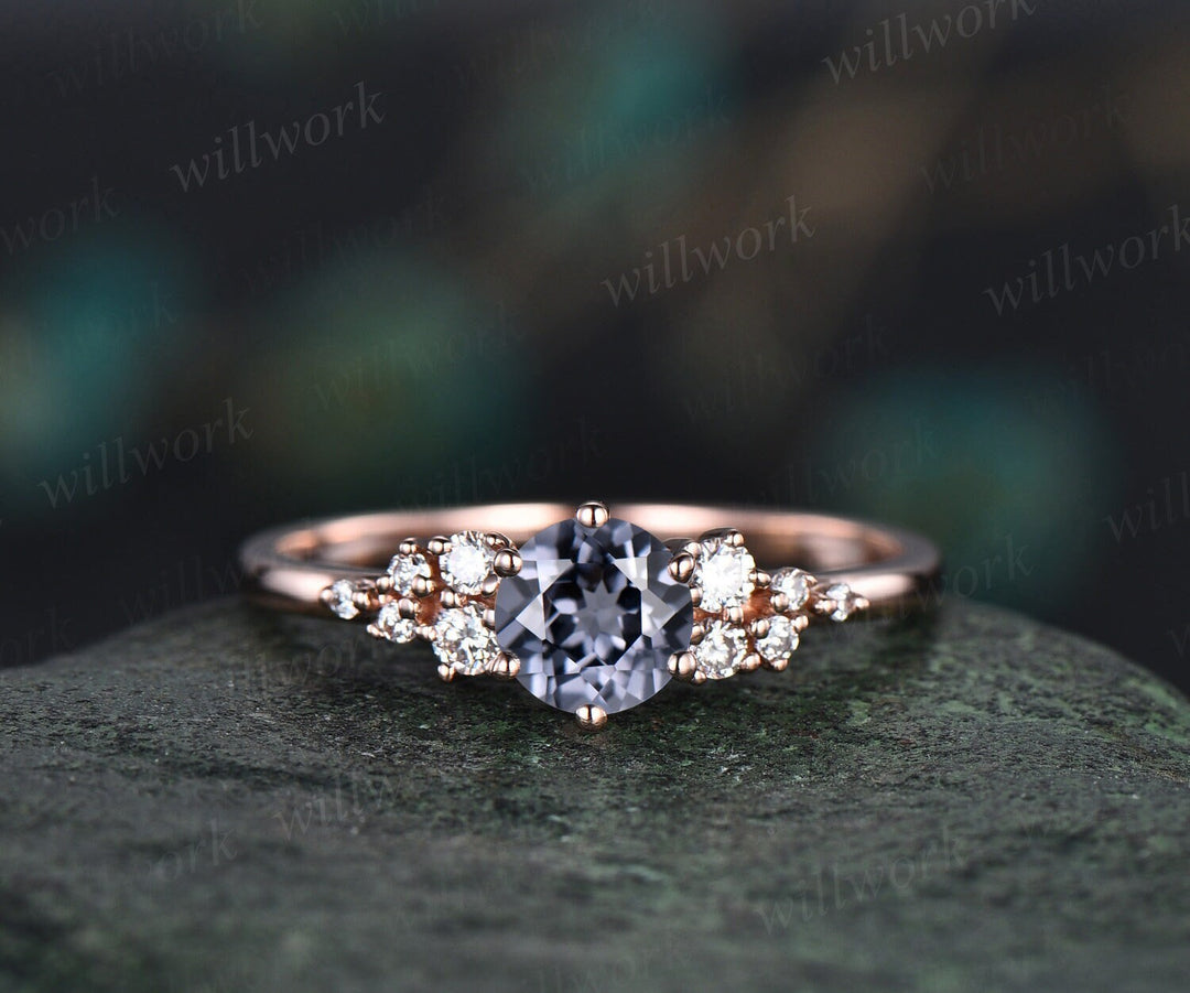 Dainty round cut gray spinel ring rose gold unique snowdrift engagement ring cluster diamond bridal anniversary ring women gift jewelry