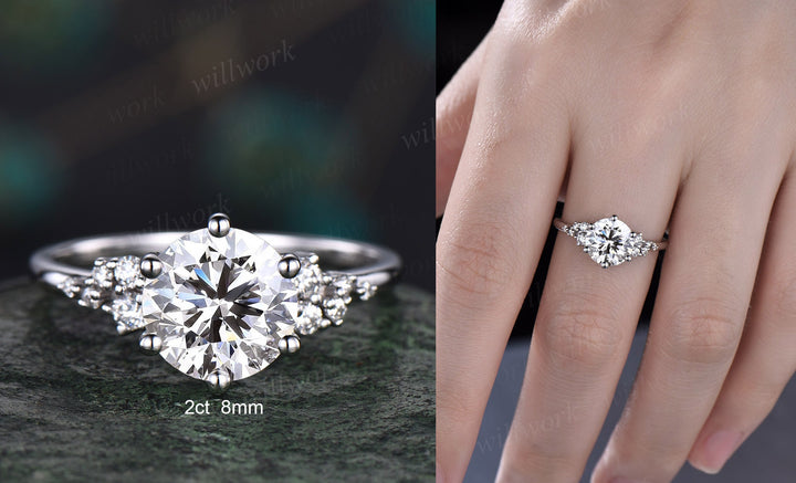 Unique round cut Lab grown diamond engagement ring solid 14k white gold 6 prong cluster snowdrift diamnond promise wedding ring women gift