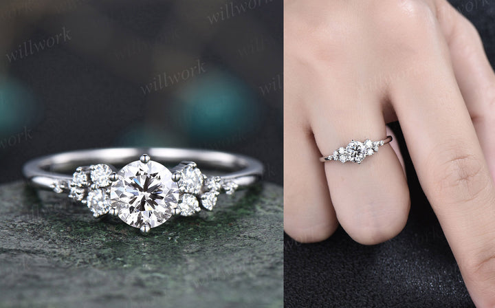 Unique round cut Lab grown diamond engagement ring solid 14k white gold 6 prong cluster snowdrift diamnond promise wedding ring women gift
