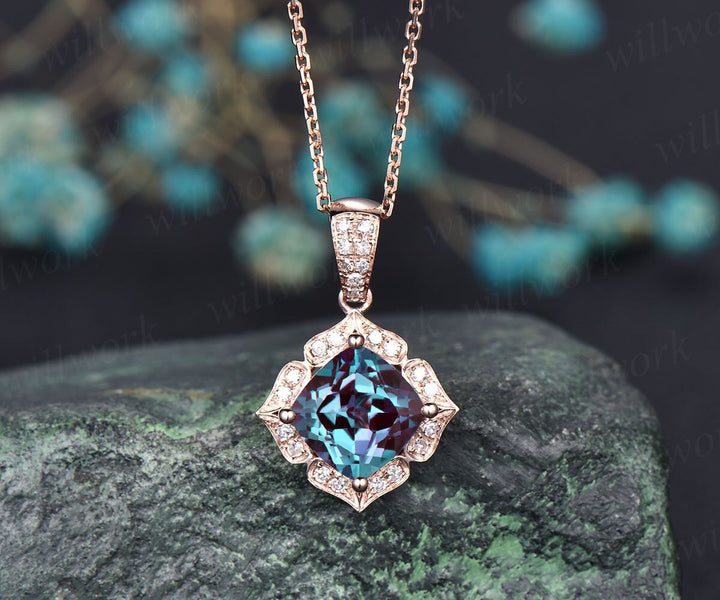 Cushion cut Alexandrite necklace solid 14k 18K rose gold floral halo diamond pendant women antique anniversary gift color change gemstone