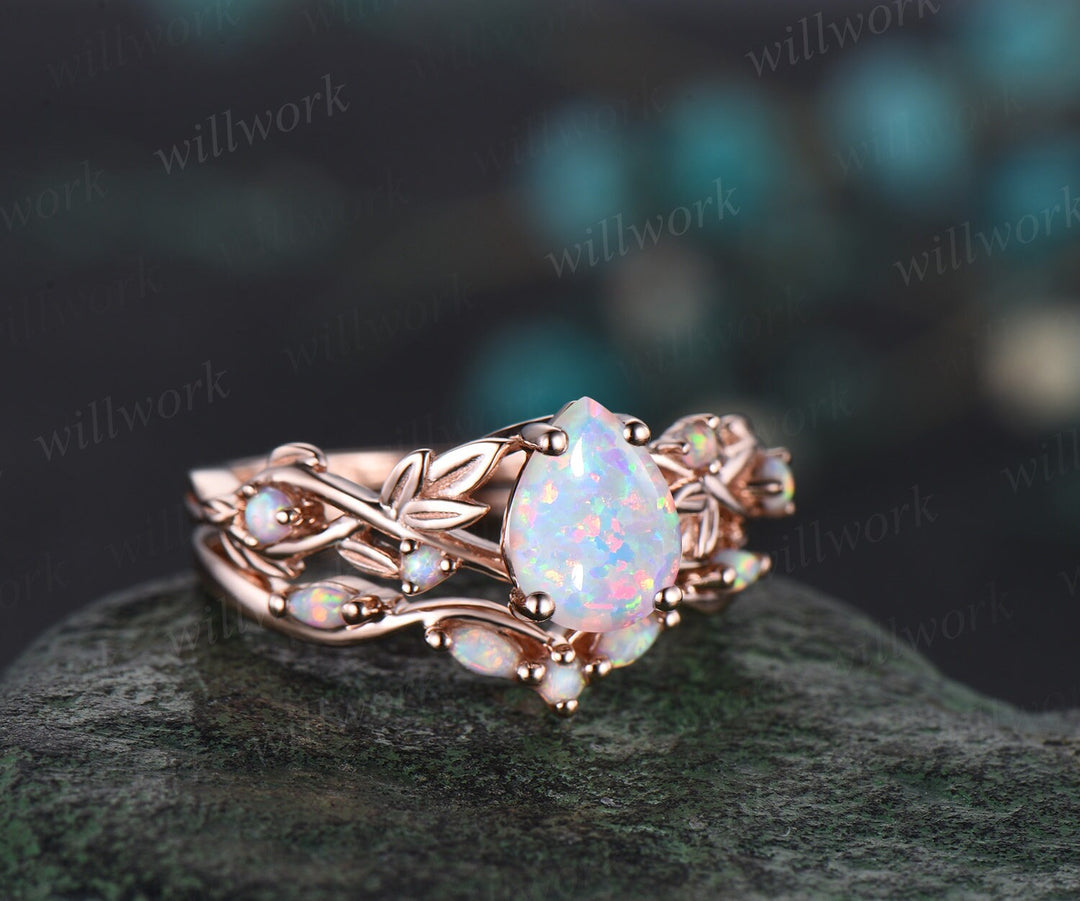 Pear shaped white opal ring vintage five stone rose gold leaf nature inspired engagement ring women twisted wedding bridal ring set gift