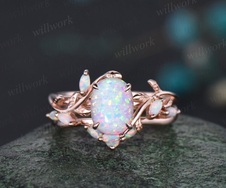 Oval white opal ring vintage rose gold five stone leaf unique nature inspired engagement ring women antique anniversary ring set gift