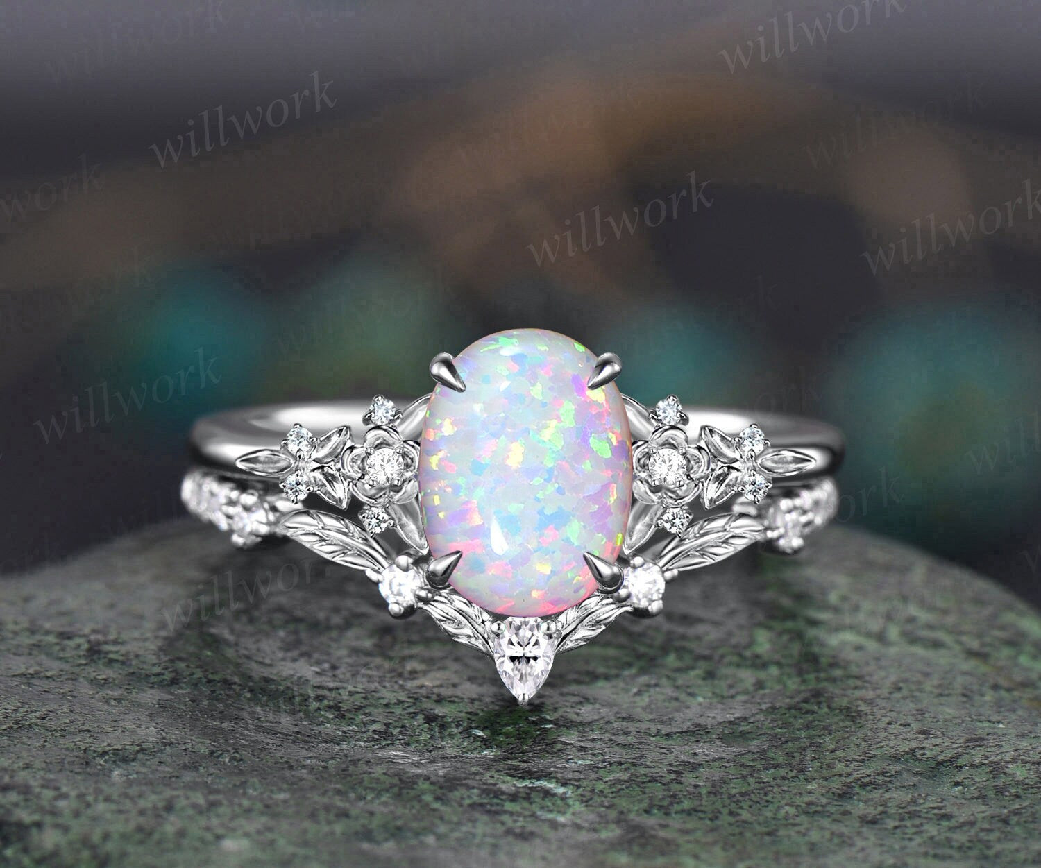 Rose gold opal wedding ring outlet set