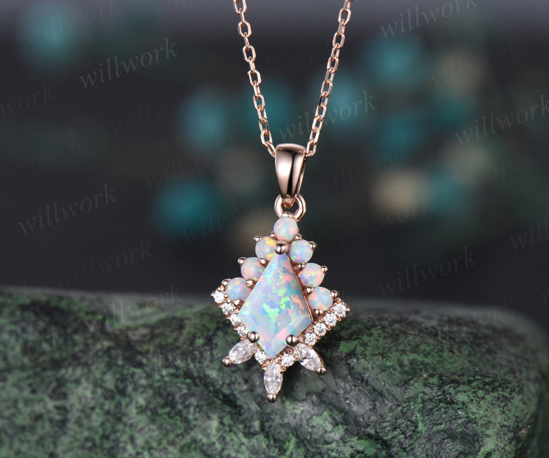 Kite cut white opal necklace solid 14k 18k rose gold vintage unique halo opal diamond pendant women her anniversary bridal gift mother