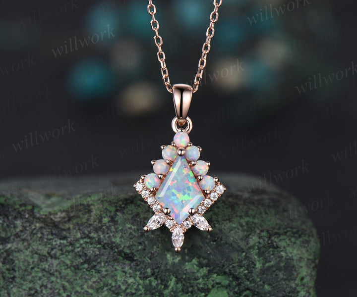 Kite cut white opal necklace solid 14k 18k rose gold vintage unique halo opal diamond pendant women her anniversary bridal gift mother
