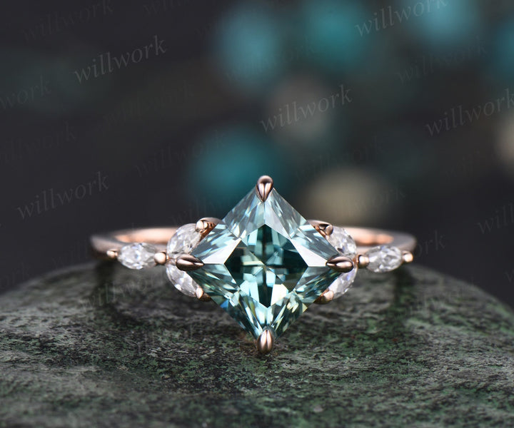 Princess cut green moissanite engagement ring set solid 14k rose gold cluster marquise cut diamond promise wedding bridal ring set women