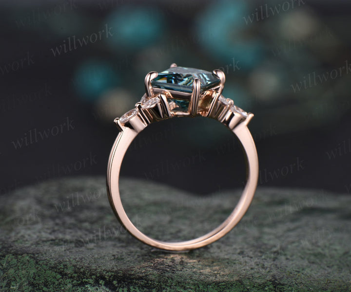 Princess cut green moissanite engagement ring set solid 14k rose gold cluster marquise cut diamond promise wedding bridal ring set women