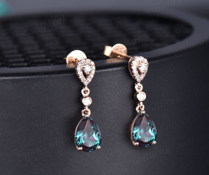 Vintage pear cut alexandrite earrings solid 14k rose gold halo diamond drop earrings women June birthstone dainty anniversary gift for her