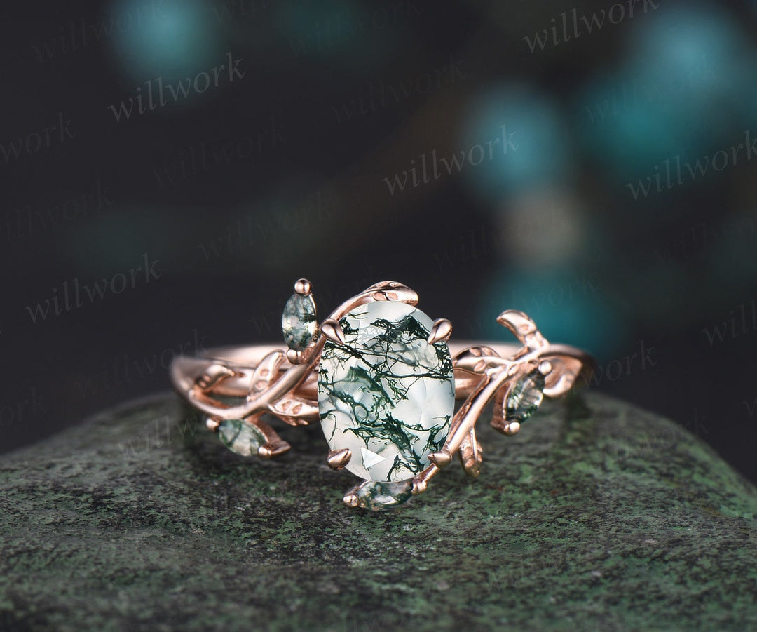Vintage oval cut green moss agate engagement ring rose gold art deco cluster leaf nature inspired bridal promise wedding ring set women