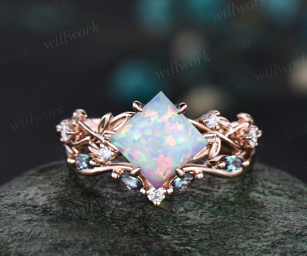 Princess white opal engagement ring set 14k rose gold five stone