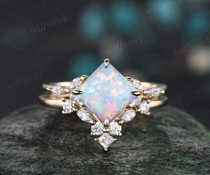 Princess white opal ring vintage rose gold unique engagement ring women claw prong cluster marquise cut diamond promise anniversary ring set