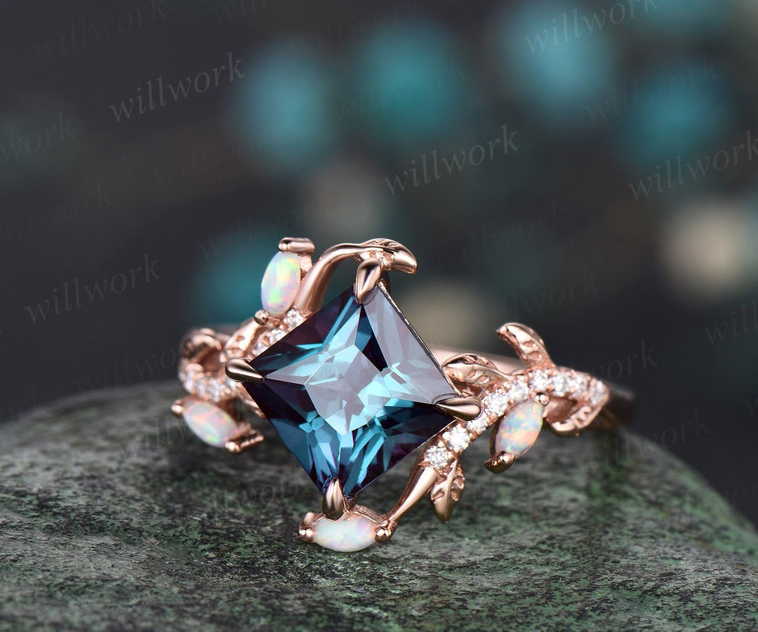 Vintage princess cut alexandrite engagement ring rose gold nature inspired branch half eternity diamond opal anniversary ring women gift